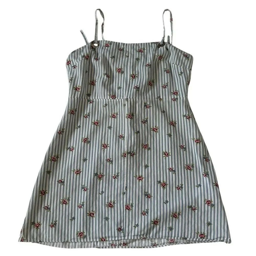Topshop Striped Floral Mini Dress Blue White US 10 UK 14 Sleeveless Summer